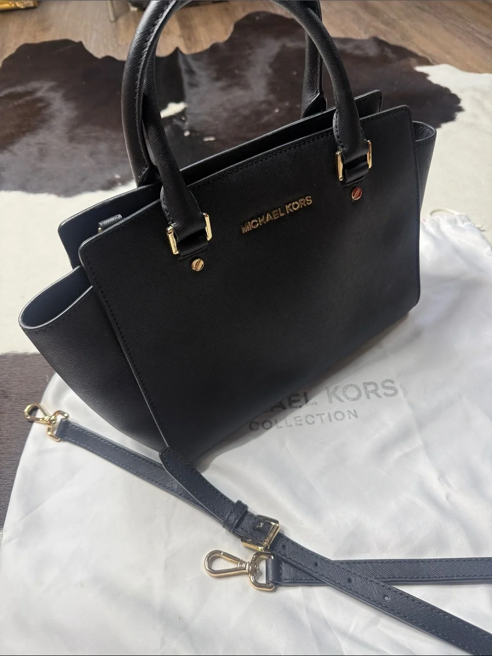 Michael Kors Selma Black Saffiano Leather Winged Satchel with Gold Hardware